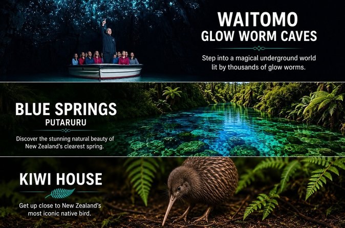 Auckland to Waitomo Glowworms, Kiwi House & Blue Springs Day Tour